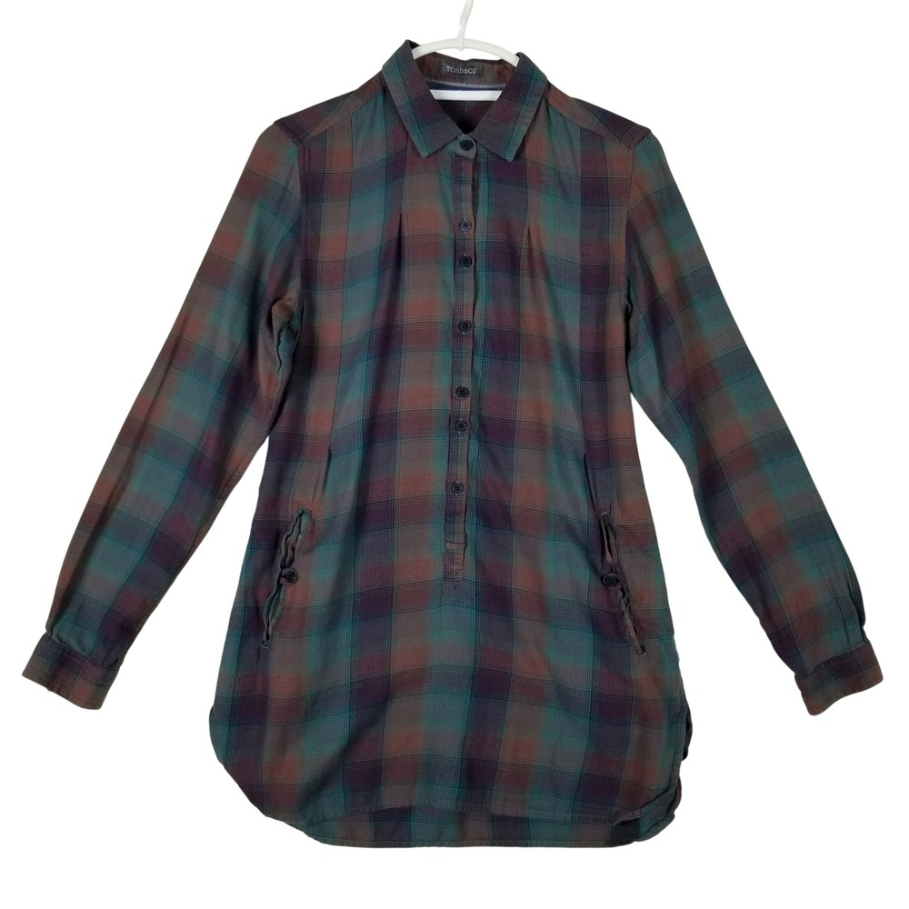 Toad&Co Tunic Shirt Womens Small Green Plaid Organic Cotton Long Sleeve Pockets
